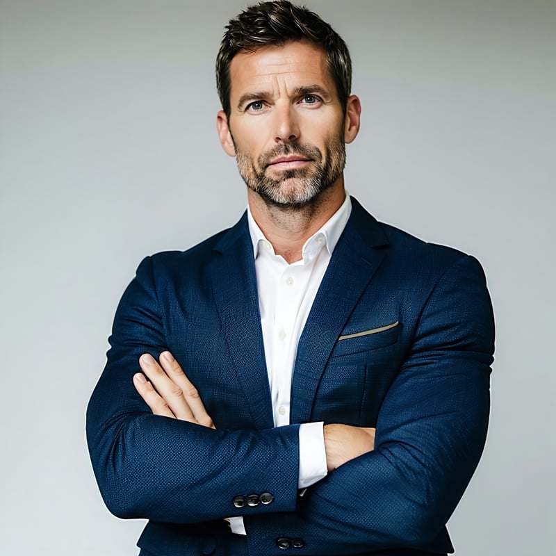 Professional man suit on no tie looking directly into the camera with his arms crossed Confident look on his face-1
